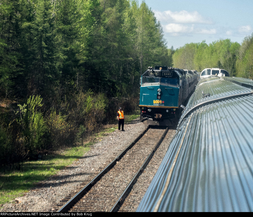 Meeting the eastbound Canadian at a passing siding in the Canadian Shielf